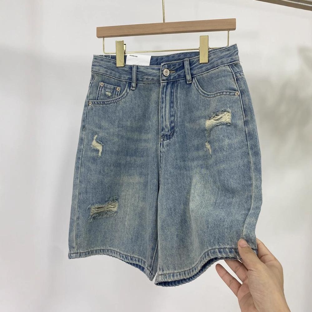 Women's Summer Korean-Style High-Waisted Distressed Straight-Leg Cropped Pants Loose A-Line Denim Wide-Leg Shorts