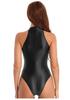 Shiny High-Cut Swimsuit: Glossy European & American Dance Leotard, High Elasticity, Silky Hip-Hugging, High Neck Sleeveless Design.