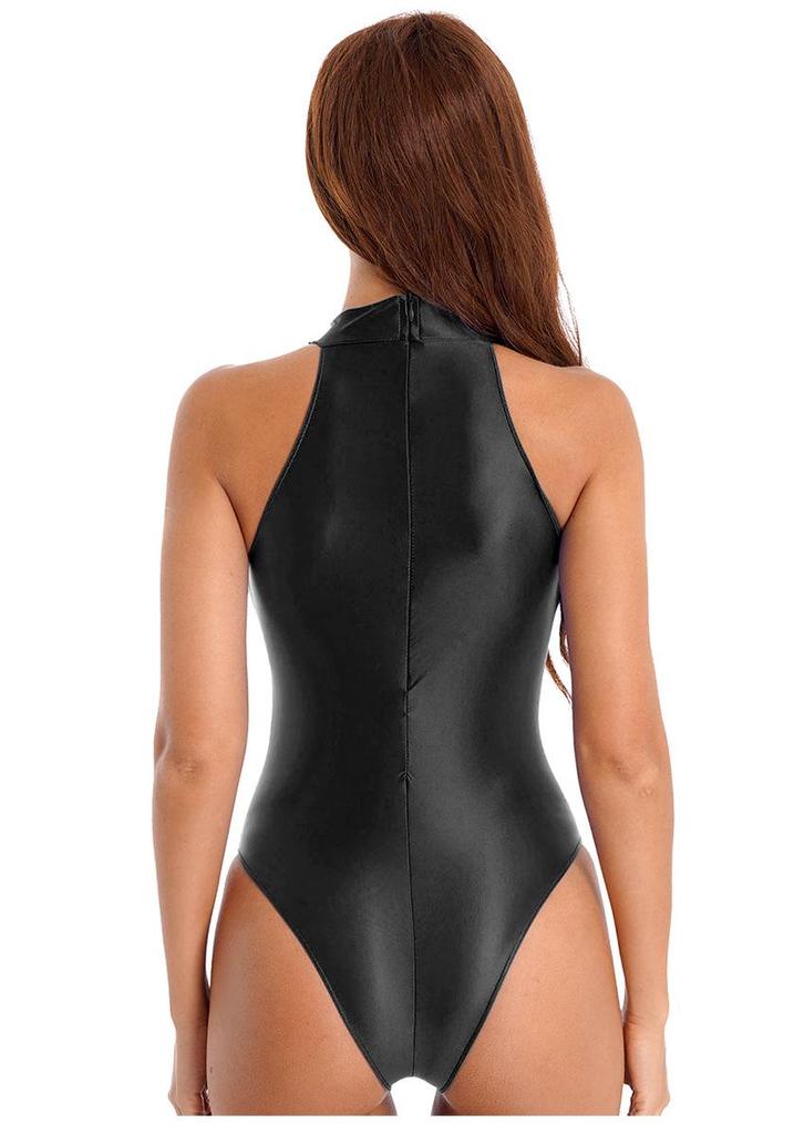 Shiny High-Cut Swimsuit: Glossy European & American Dance Leotard, High Elasticity, Silky Hip-Hugging, High Neck Sleeveless Design.