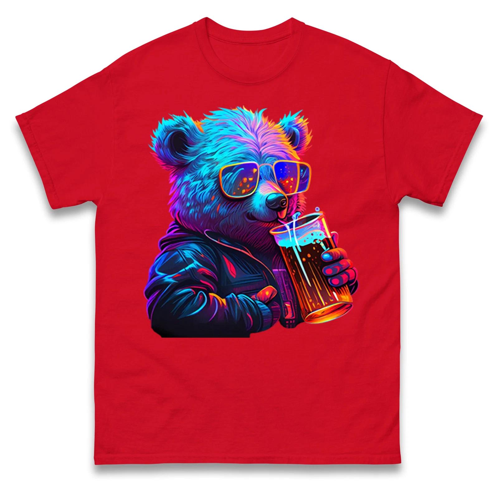 A Cool Bear sipping a drink T Shirt,Retro Style Animal Funny Graphic Top 3XL