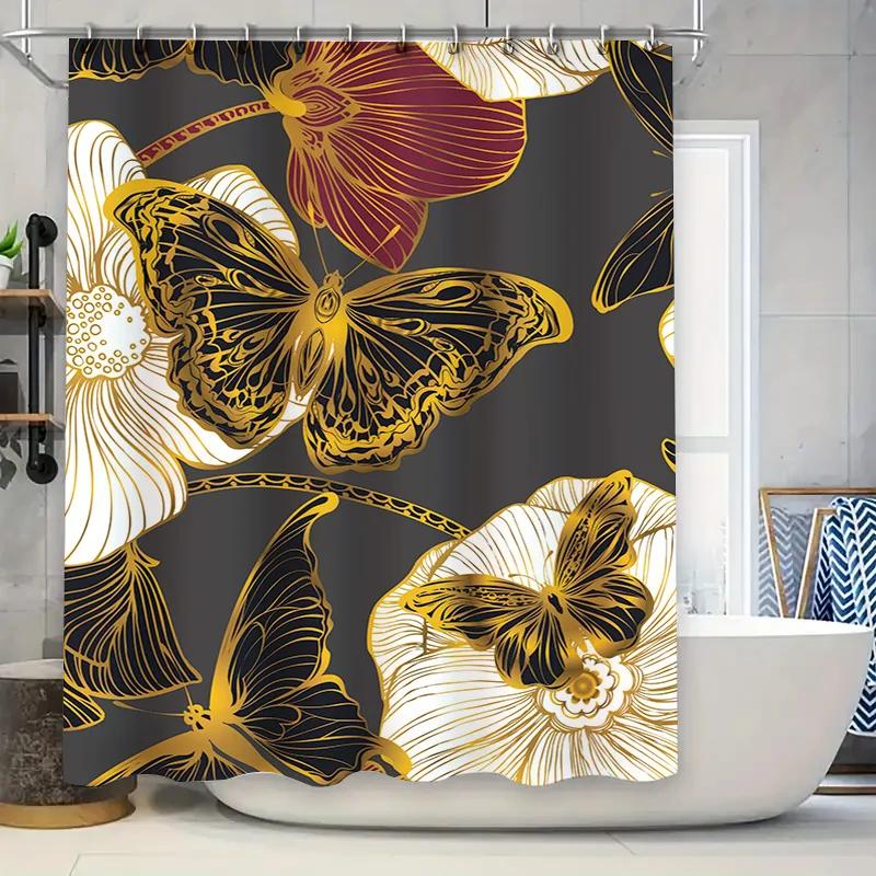 Vibrant Butterfly Floral Shower Curtain for Bathroom Decor Black Gold White Print, waterproof fabric with hooks