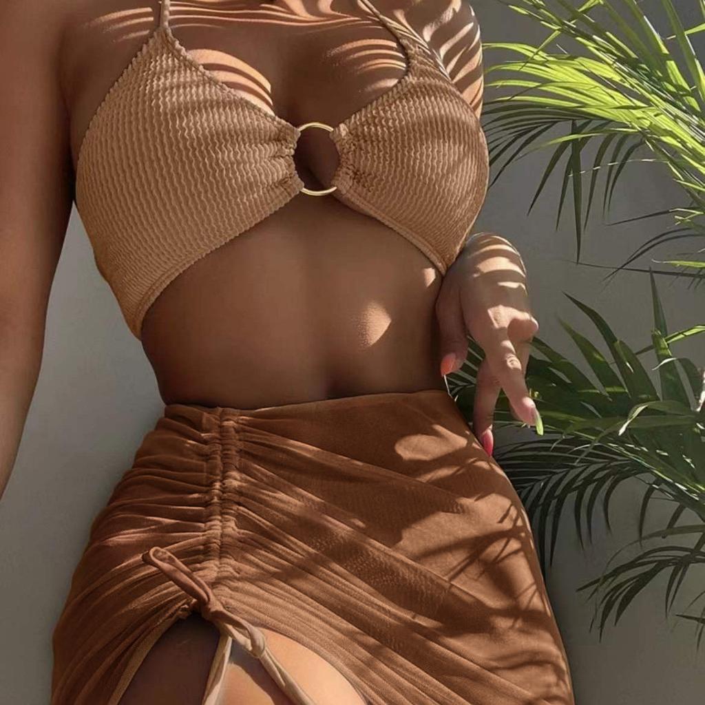 Women’s Solid Color Bathing Suit Three-Piece Halter Triangle Bikini Set, Sexy Swimwear with Cover-Up