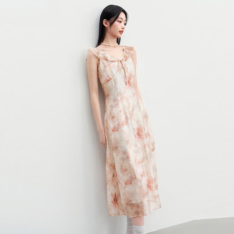 Ledian Tie-dye Pink Floral V-neck Ruffle Hem Long Dress