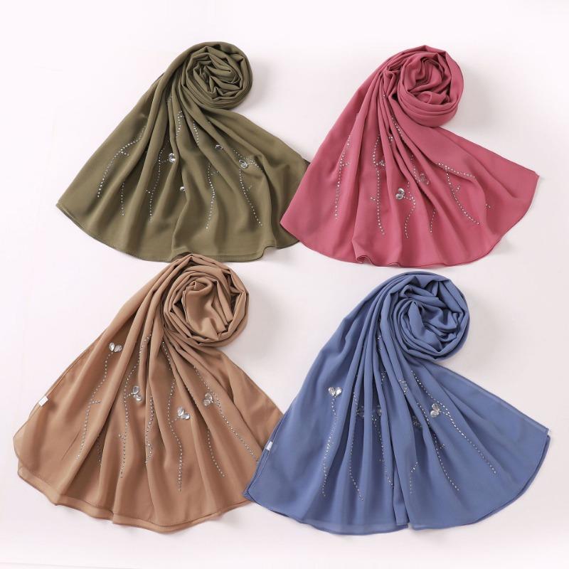 Pearl Chiffon Long Scarf With Rhinestone For African Women