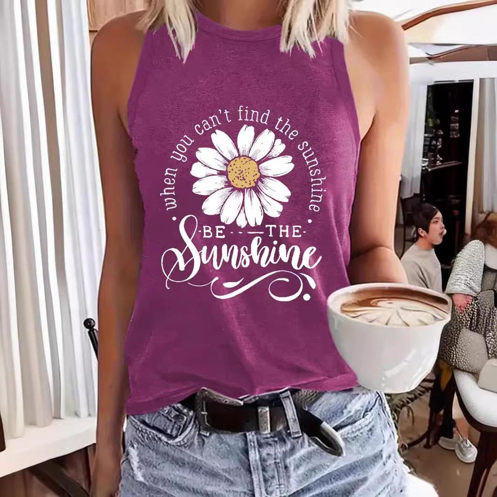 Floral Print Sleeveless Round Neck Women's T-Shirt Pullover Vest for Spring/Summer