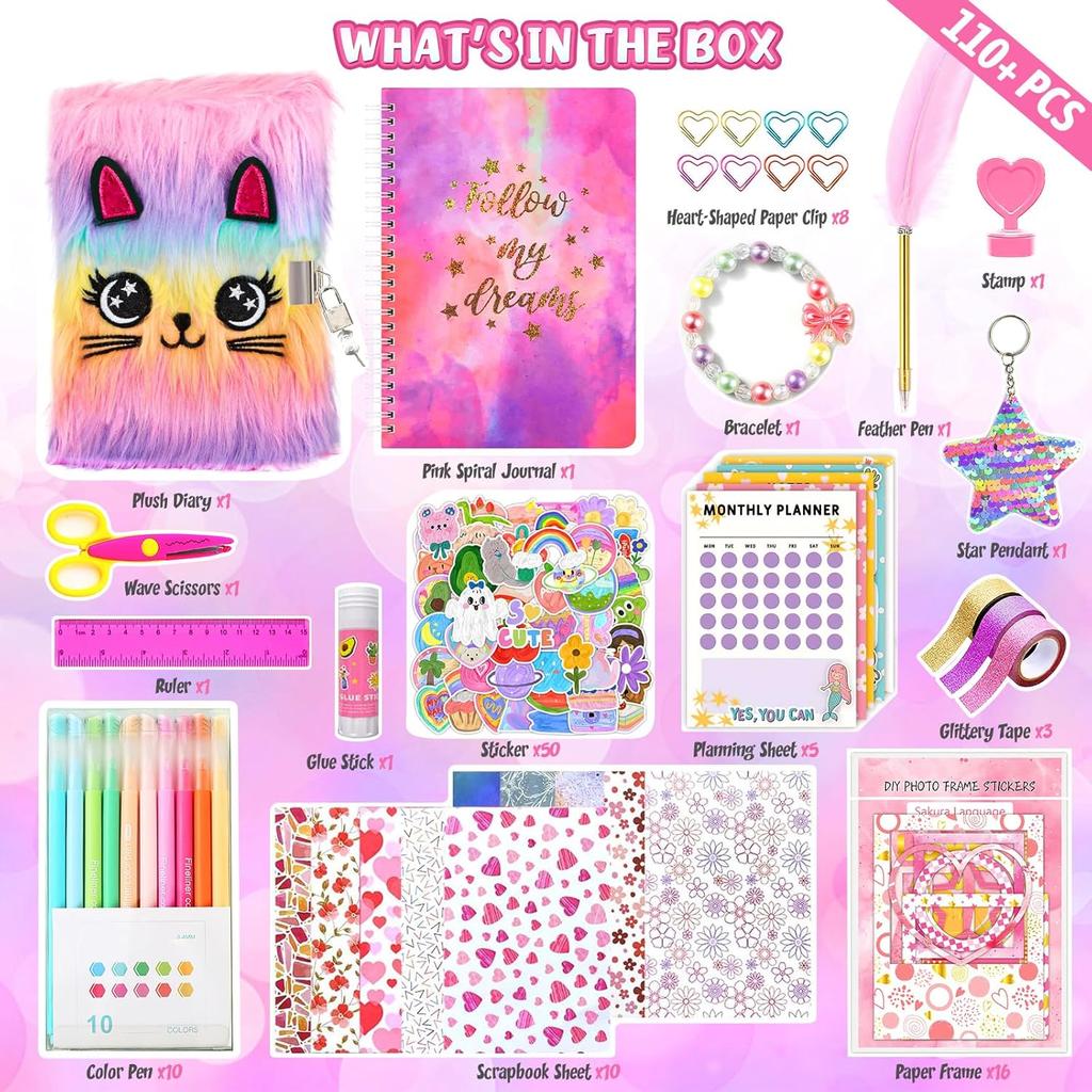 2-Pack DIY Journal Kit for Girls Ages 8-12 13 14 Year Olds, Birthday Gifts for Teen Girls, 110pcs Cute Scrapbook Supplies Stationary, Journaling Art