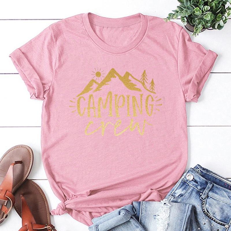 Funny Camping Crew Print T-Shirt Summer Camper T Shirt Women Men Short Sleeve Loose Shirts