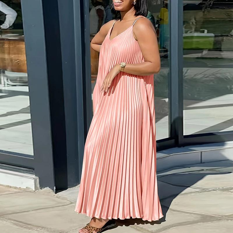 Rochie Lungă cu Bretele Plisată pentru Femei în Diverse Culori - Rochie Midi Elegantă în A cu Bretele Spaghetti Reglabile