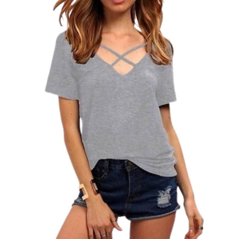 Stylowy Bawełniany T-shirt Damski Plus Size z Dekoltem V, Krótkim Rękawem, Luźnym Krój