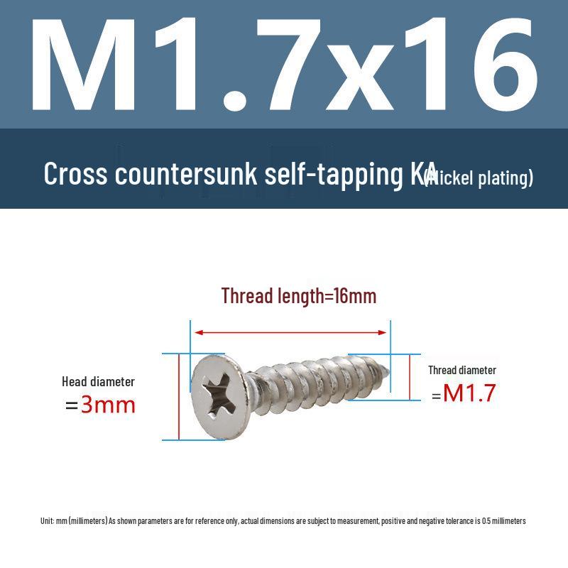 YiguYigu Nickel-Plated Phillips Flat Head Self-Tapping Screws M1-M5, Carbon Steel