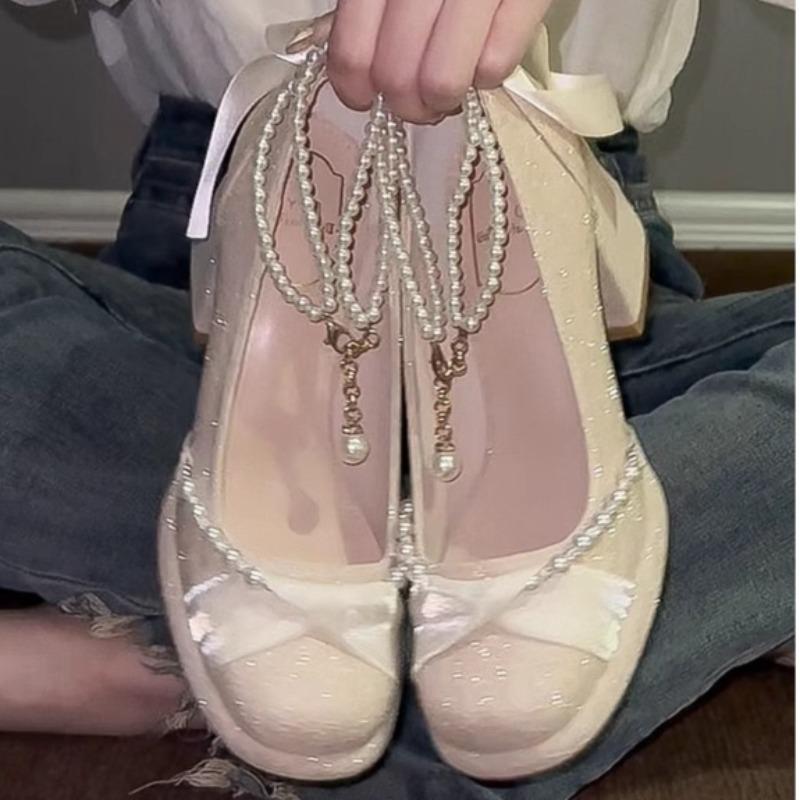 Pantofi cu Toc Pătrat Vară Nou Vârf Pătrat Gură Adâncă Cu Mărgele Impermeabili Platformă Antiderapanți Rezistenți la Uzură Tocuri Înalte