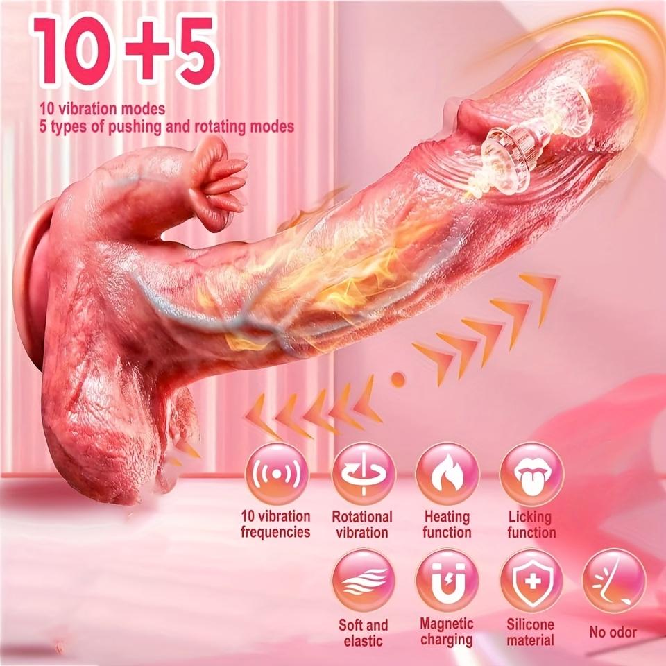 5-in-1 Telescopic Rotating Dildo Vibrator – Tongue Licking Clitoral Stimulator,Thrusting & Heating G-Spot Anal Toy,Hands-Free Base for Women & Couples