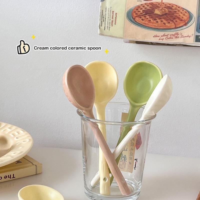 Candy Color Long Handle Ceramic Simplicity Irregular Dessert Soup Spoon Cutlery Portable Kitchen Utensils Supplies