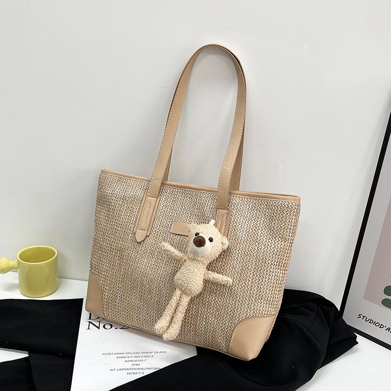 Large Capacity Canvas Tote Bag For Women With Charming Woven Design And Stylish Bear Motif