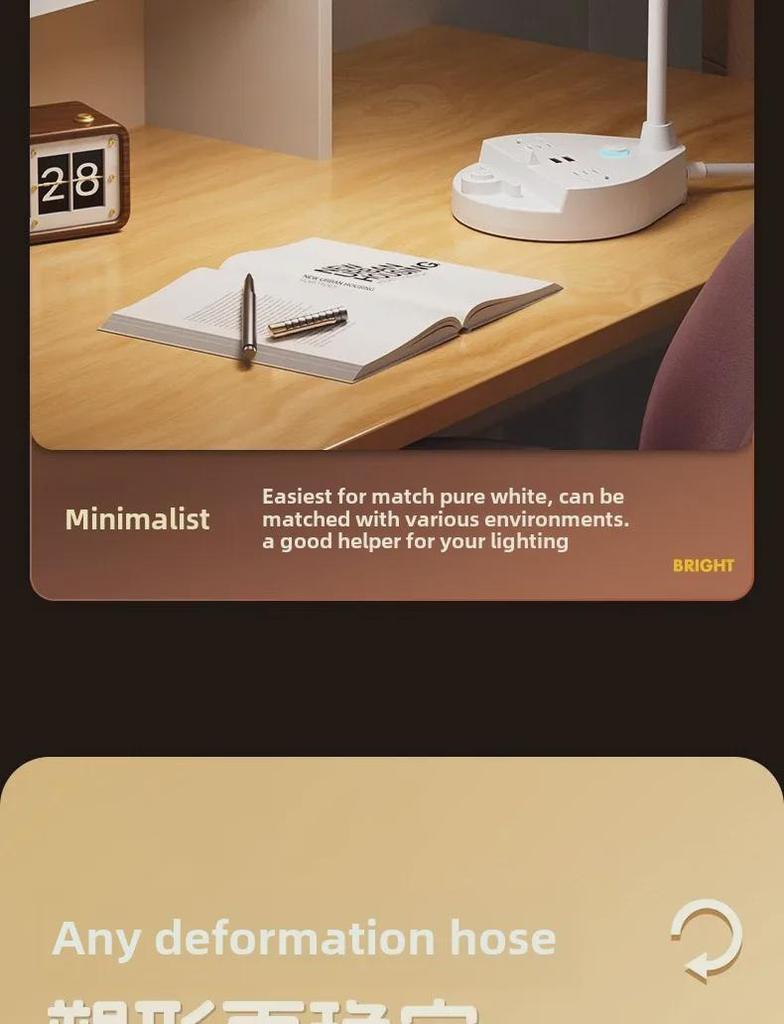 USB-Schreibtischlampe mit Smart-Steckdose für Augenschutz - Ideal für Studentenwohnheime und zum Lesen am Bett, Energiesparendes Design