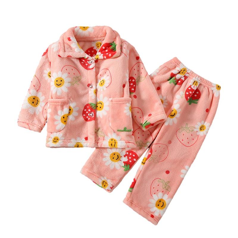 1-14 let Dětská kreslená tištěná teplá zahuštěná pyžamová souprava fleecové domácí oblečení