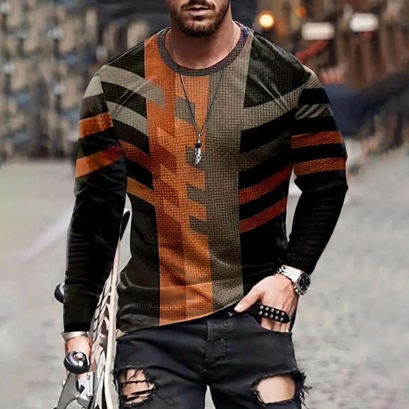Spring And Autumn New Crewneck Long-sleeved T-shirt Men's Street Daily Casual Loose Top Men's Fashion Gradient T-shirt