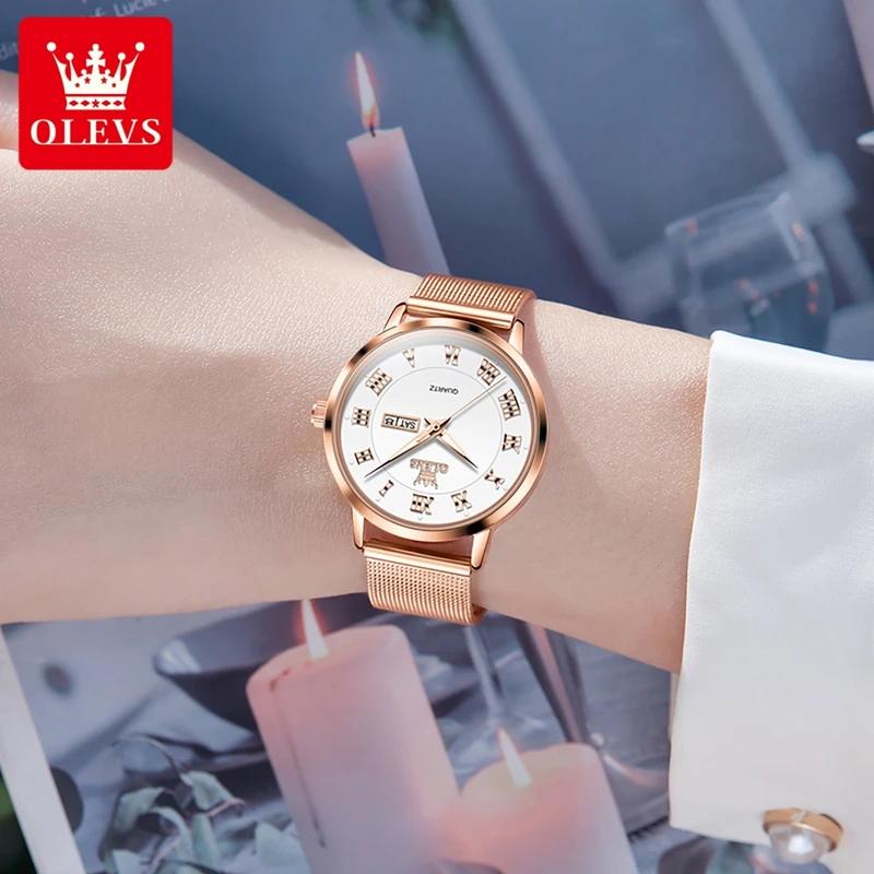 OLEVS Wasserdichte Quarzuhr für Frauen mit Doppelkalender, Milanese-Stahlarmband, Damen-Handuhr, luxuriöse Original-Kleideruhren