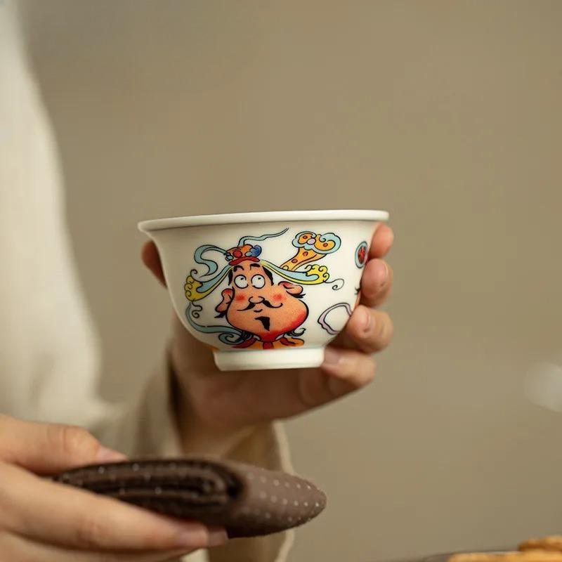 Jingdezhen Cultural Fukurokuju Teacup Boutique Painted Figure Master Cup Tasting Mug Tea Pair Meditation Cup Chinese Teaware