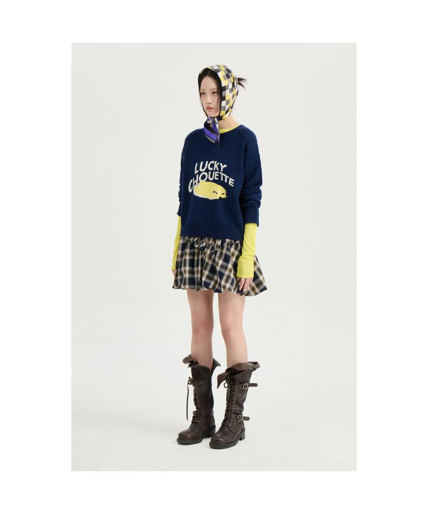 LUCKY CHOUETTE Intarsia Chouette Round Neck Pullover (Dark Navy)_Lfwas25220Nyd