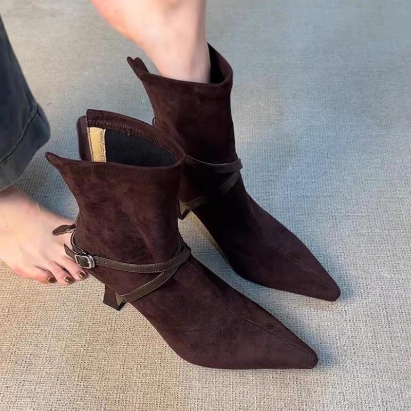 Fashion High Heel Back Zipper Women's Scrub Belt Buckle Pointed Toe Temperament Booties Vintage Slim Follower Single Boots