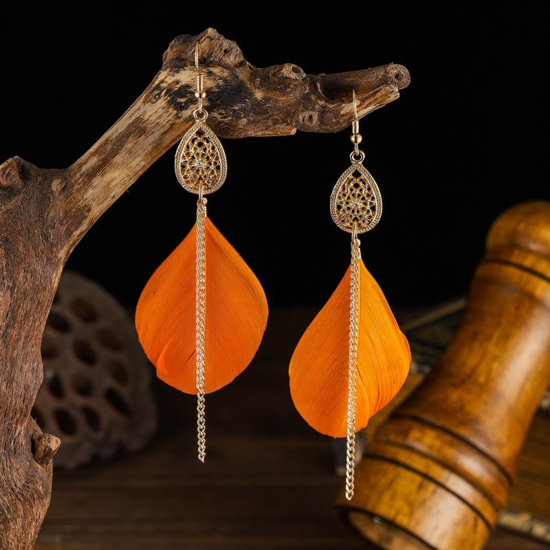 Orange Feather Earrings for Women Bohemian Vintage Water Drop Chain Tassel Dangling Earring Party Zircon 2023 New