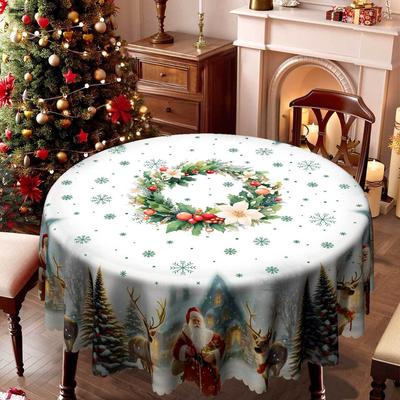 Weihnachtsthema Runder Tischdecke, Weihnachtsmann Elch Schneemuster, Tischdekorationsstoff, Festliche Atmosphäre