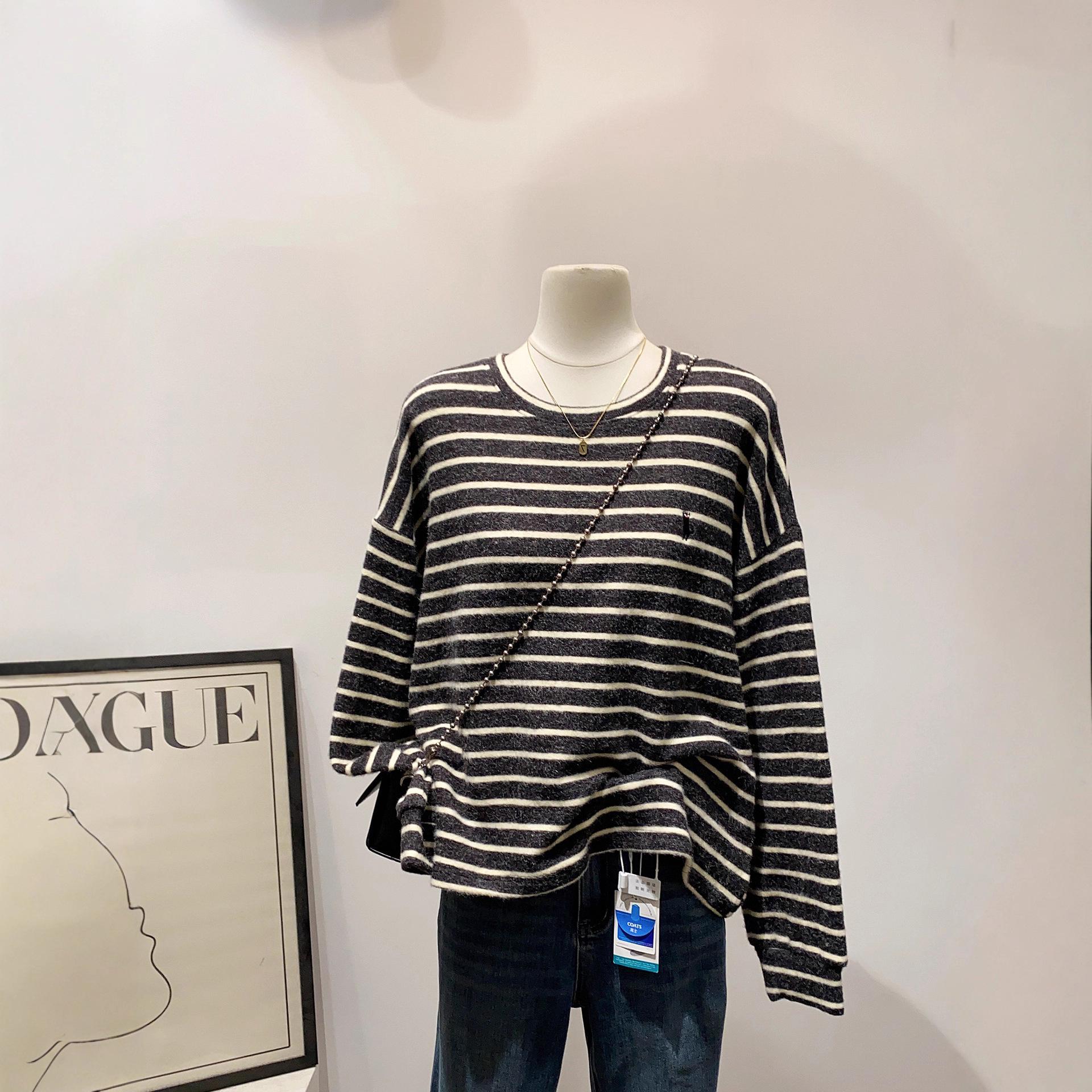 Striped Cat Embroidery Long Sleeve Women s Lazy Style Autumn Winter Korean T-Shirt 4XL [Recommended for 210-240 lbs]