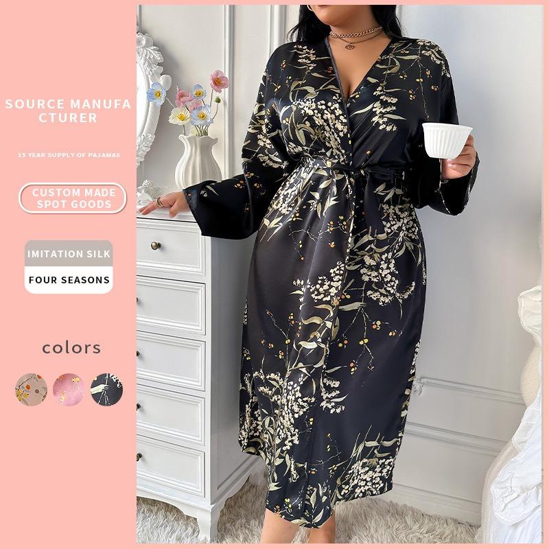 Plus-size Bathrobe with Feminine Print of Silk Imitation Fabric, Satin Silk Home Wear Dress