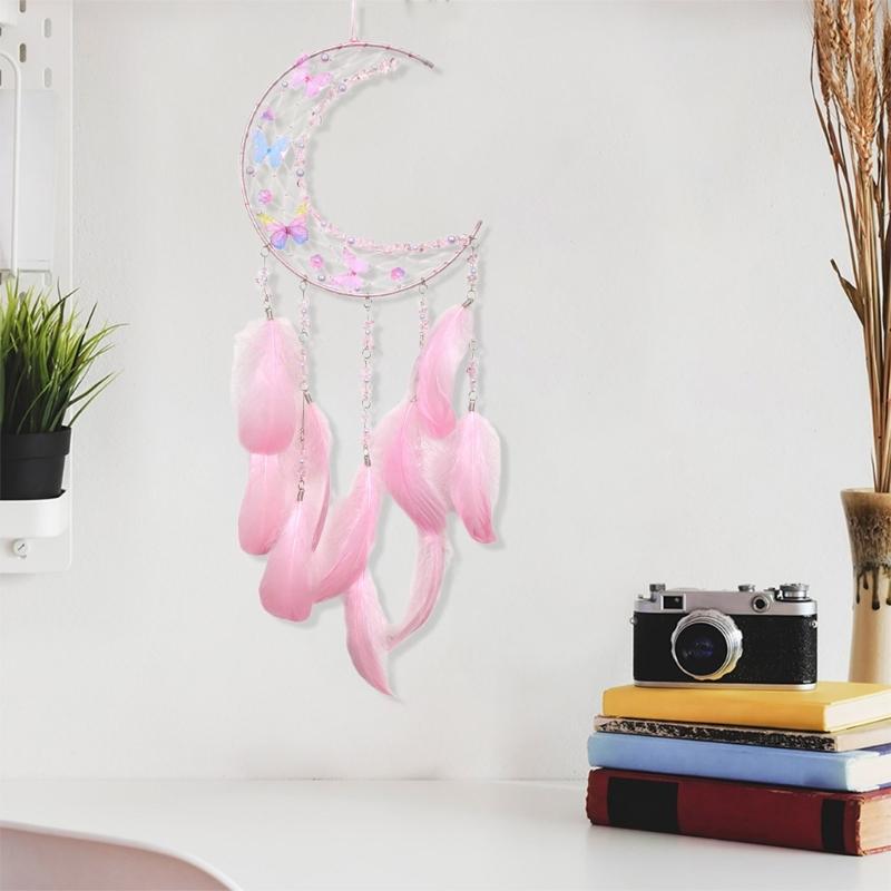 Woven Moon Shape Dreamcatchers with Crystal Wall Art Handmade Butterfly Feathered Tassels Wall Hanging Ornament Decors