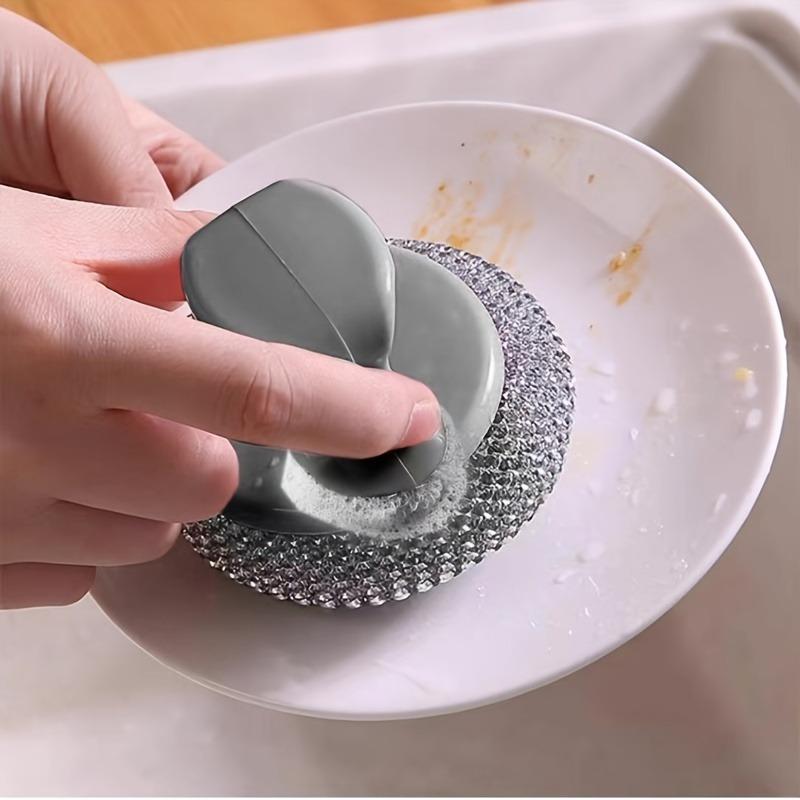 Stainless Steel Sponge Brush with Handle, Removable Decontamination Ball, Non-Stick & Oil-Free Dishwashing, Residue-Free Kitchen Cleaning Too