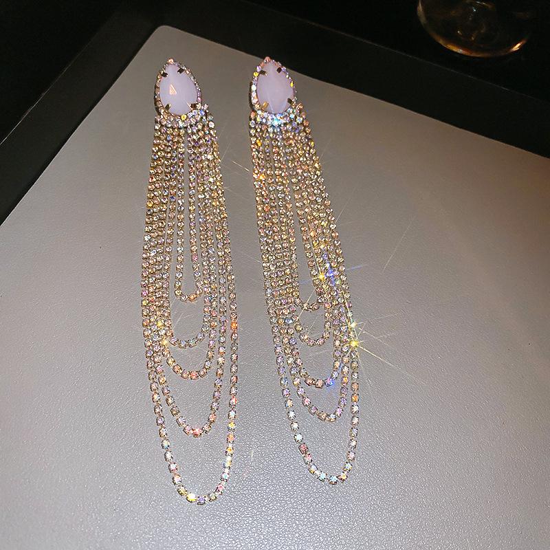 Silver Needle Long Tassel Earrings with Diamonds and Zircon - Light Luxury High-End Metal Earrings for Winter