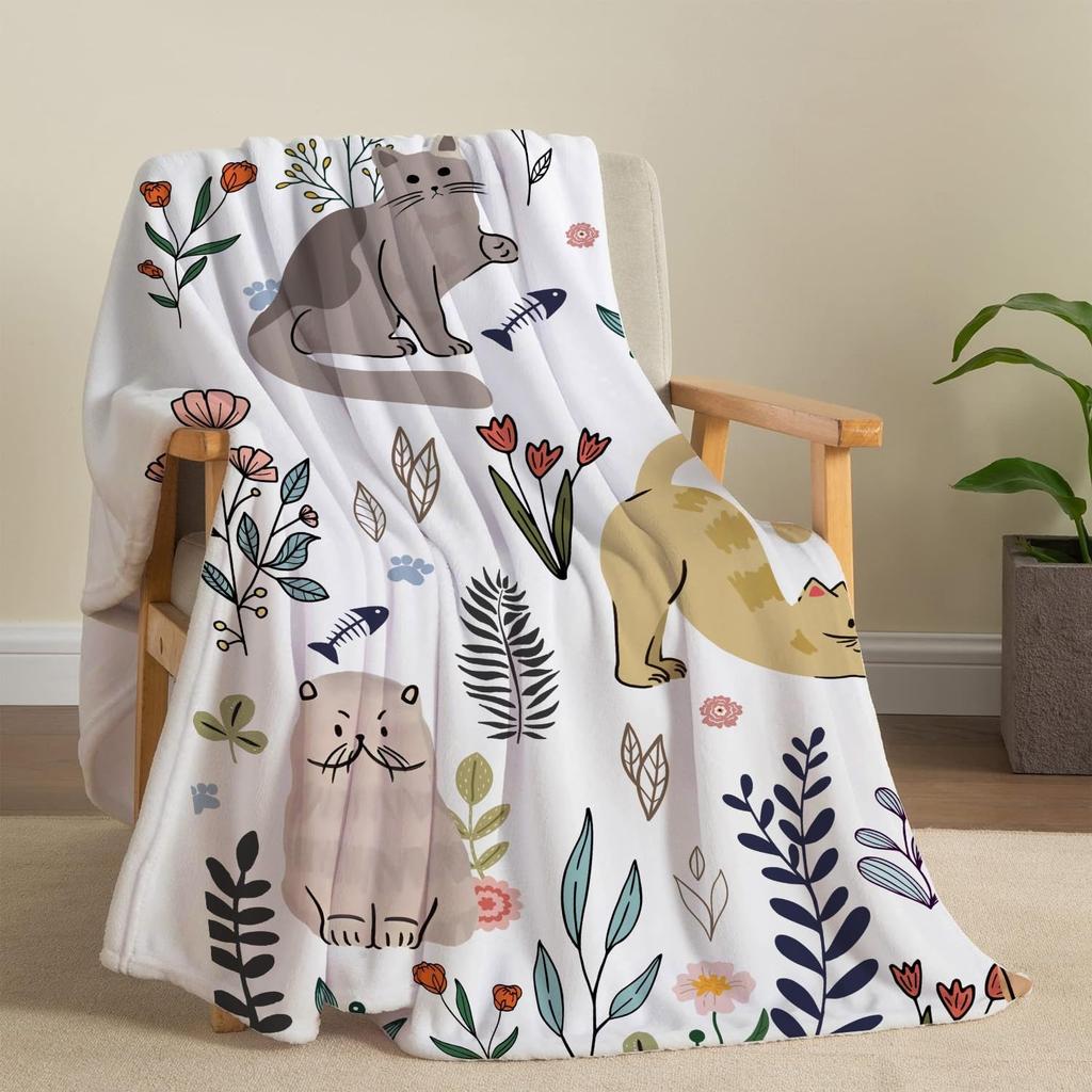 Cute Cat & Floral Pattern Fannel Blanket Warm Soft Throw Blanket for Couch Bed Living Room Home Decor Pet Lover Gift Blankets