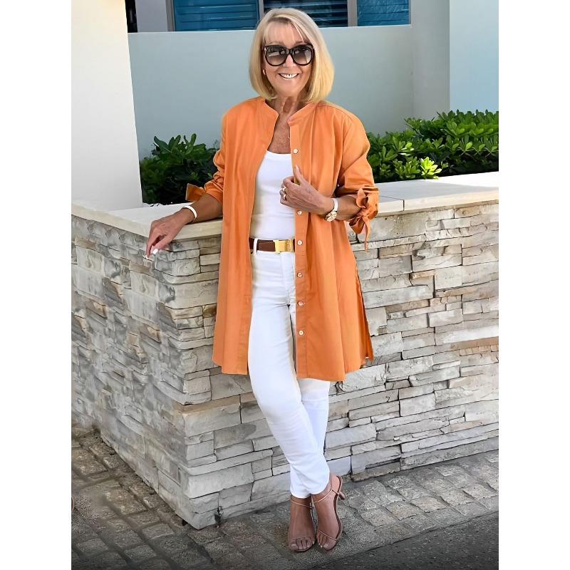 VEZFAA Kadın Modası Rahat İlkbahar Sonbahar Düz Renk Baskılı Uzun Kollu O-Yaka Bluzlar ve Gömlekler