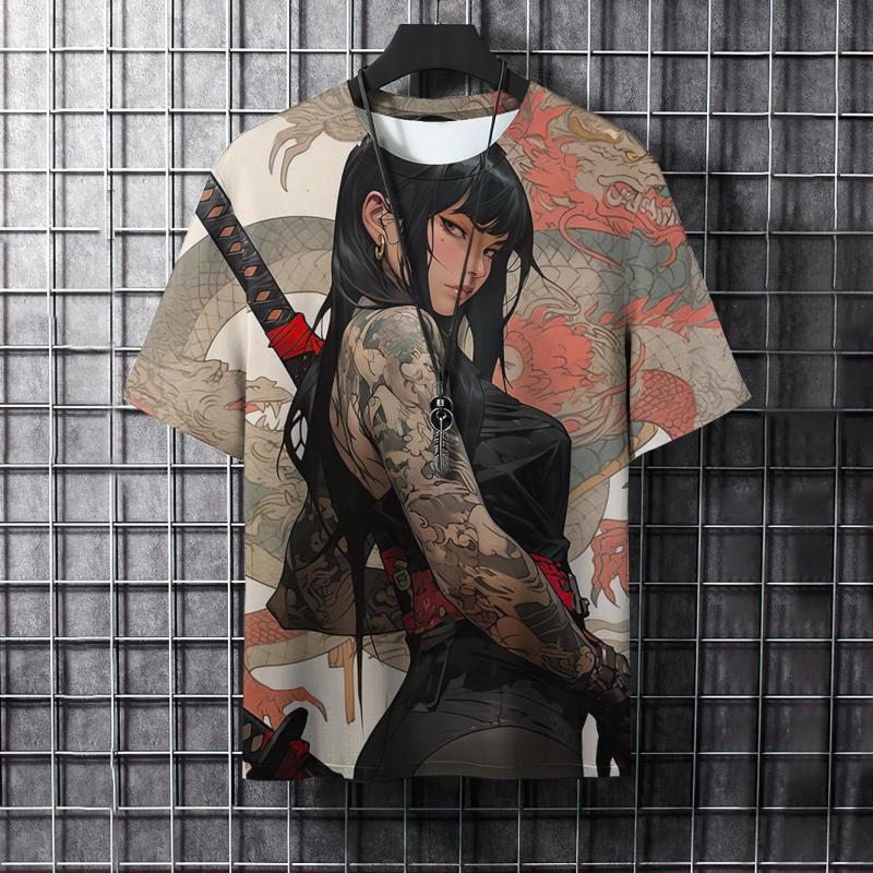 Pánské tričko s 3D potiskem a kresleným zvířecím potiskem, stylové, s grafickým potiskem a samurajskými tetováními, trendy, ležérní, Harajuku, streetwear, hip hopové tričko.