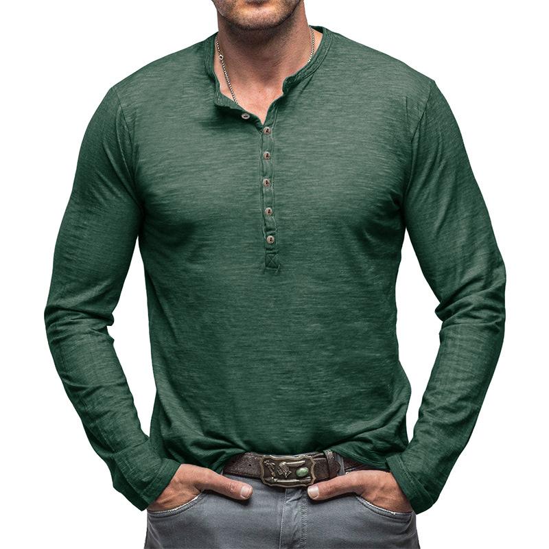 Men's Deep Blue Henley Neck Long Sleeve Casual Shirt with Stretch Comfort Fit