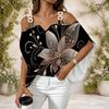 Women Plus Size Off Shoulder Double Strap Short Sleeve Top Blue White Swirl Rhinestone Print