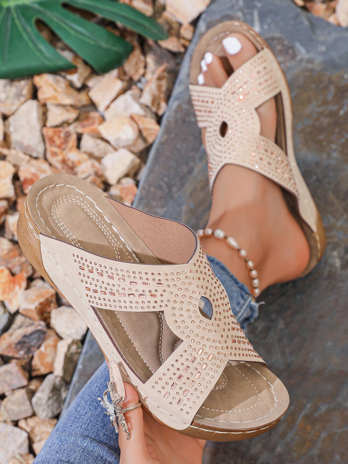 

Летние шлепанцы на танкетке женские с декоративной строчкой, стразами, большого размера, женские с круглым носком, с открытым носком, для ношения на пляже 43 абрикосовый