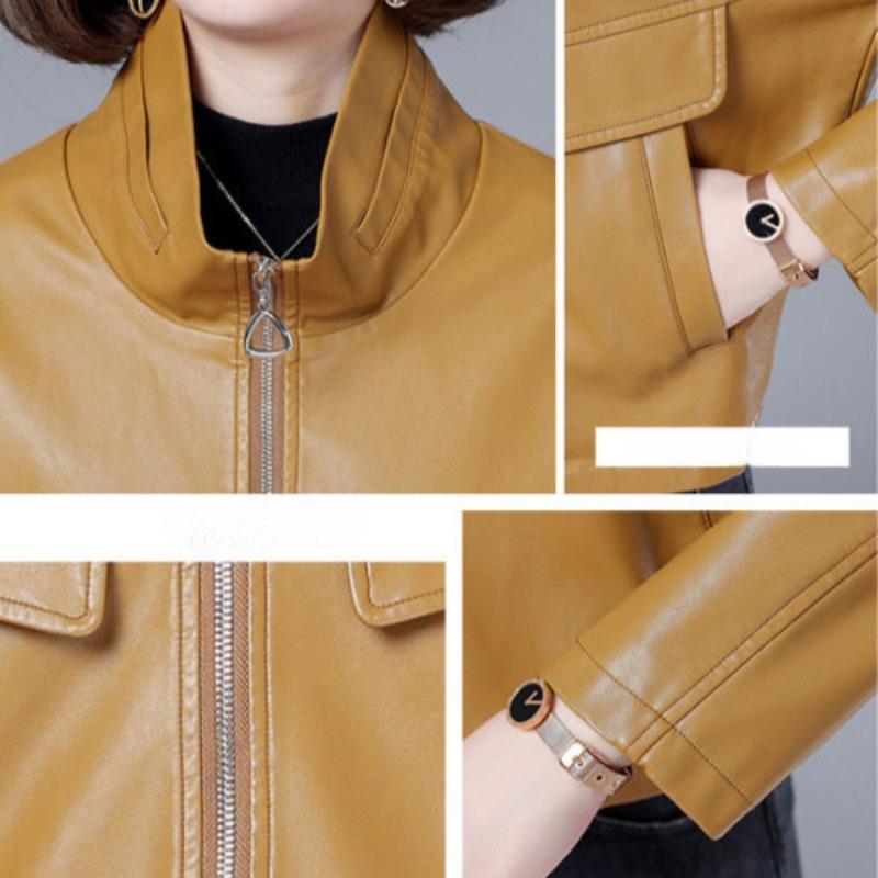 Women's  Autumn New Leather Leather Short Fashion Sheepskin Lapel Zipper Fashion Versatile Solid Color Leather Jackets