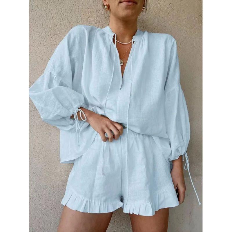 V-neck Lantern Sleeve Shorts Two-piecesetV Collar Lantern Sleeve Shorts Two-piece Set