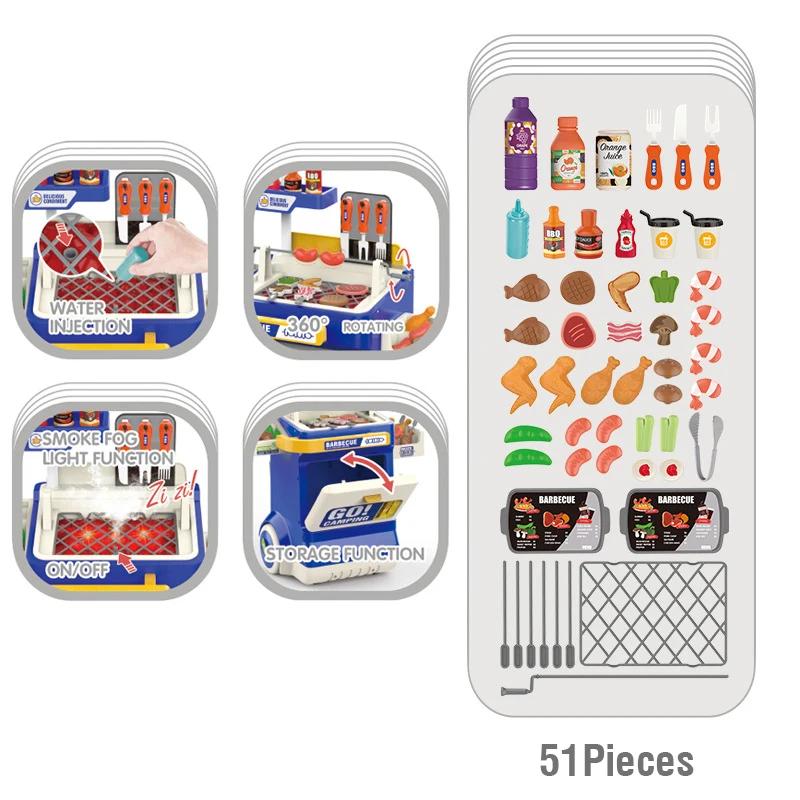 Children's Simulate Kitchen Toy Tableware Barbecue Cart Kids Toys BBQ Foods Storage Box Boy Girls Role Play Game Christmas Gifts