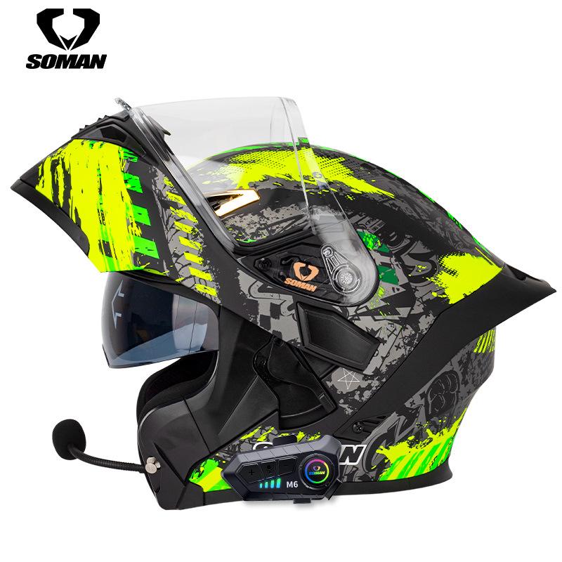 Casco de motocicleta abatible con Bluetooth y doble lente 3C Dot con auriculares M6 para todas las estaciones