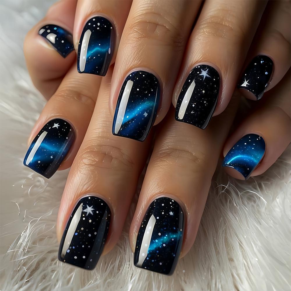 Starry Sky Blue Stars Square Nail Stickers: Wearable Interstellar Art Patches