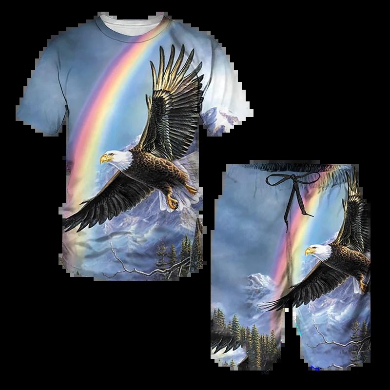 Nuovo set estivo da uomo T-shirt e pantaloncini Aquila Bandiera USA Set 3D Set due pezzi Tempo libero Moda Manica corta Set completo di abbigliamento