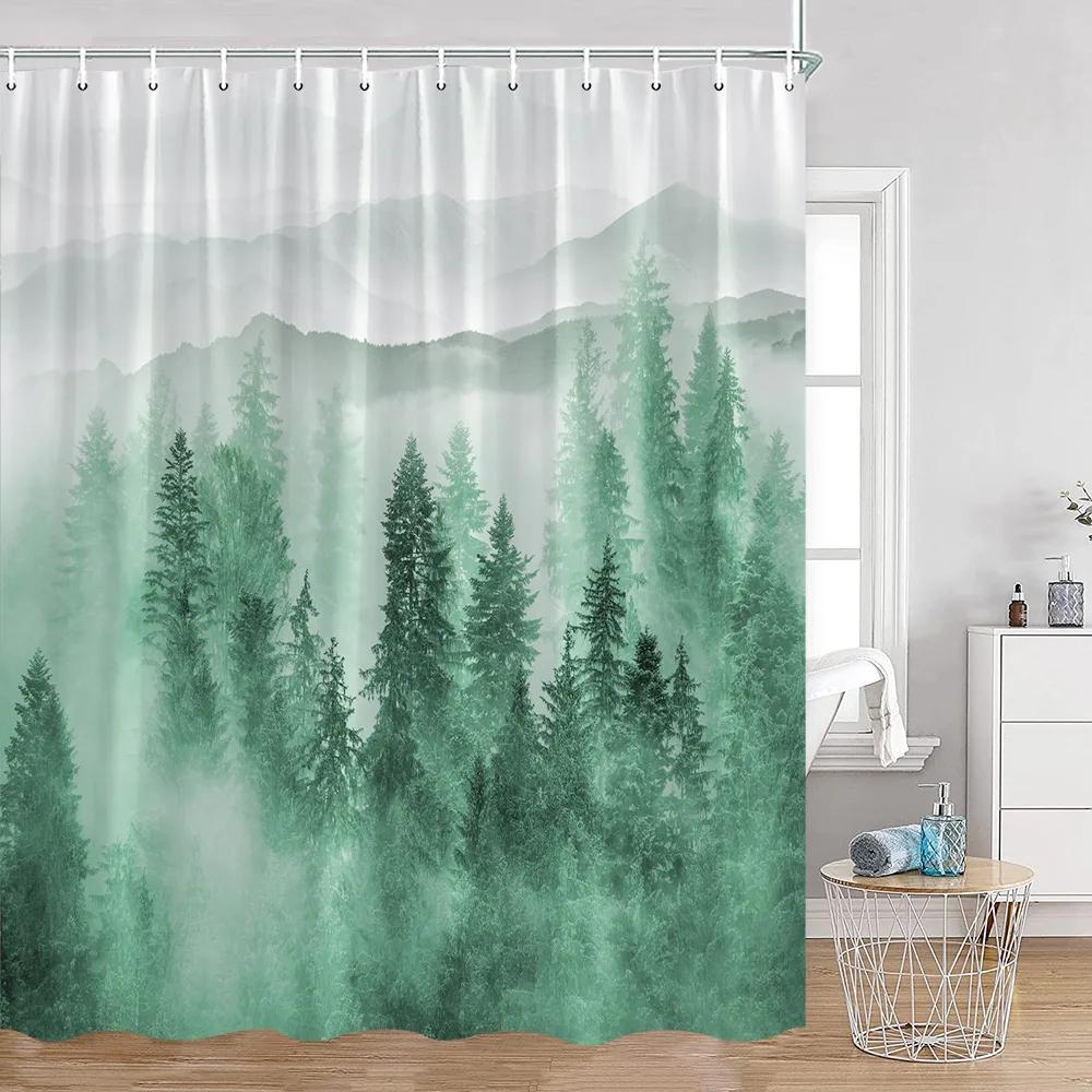 Duschvorhänge mit nebligen Wäldern, verschneite Kiefern, grüne Wälder, Naturlandschaft, minimalistisches Badezimmerdekor, moderner Badevorhang aus Polyester