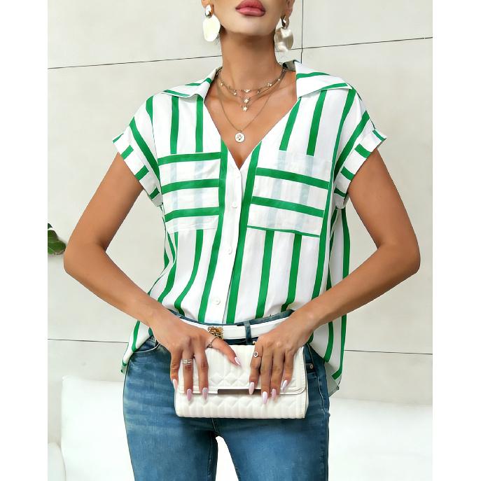 2026 New Women's Fashion Casual Loose V-Neck Striped Pocket Ladies' Shirt