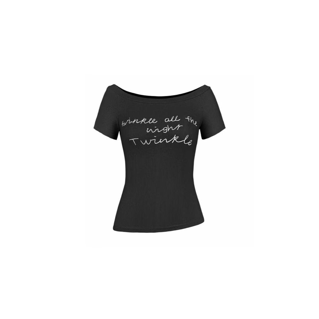 Pure Desire Style Letter Print Short-sleeved T-shirt Women's Summer Thin and Versatile Sexy Chic Slanted Shoulder Off-the-shoulder Top