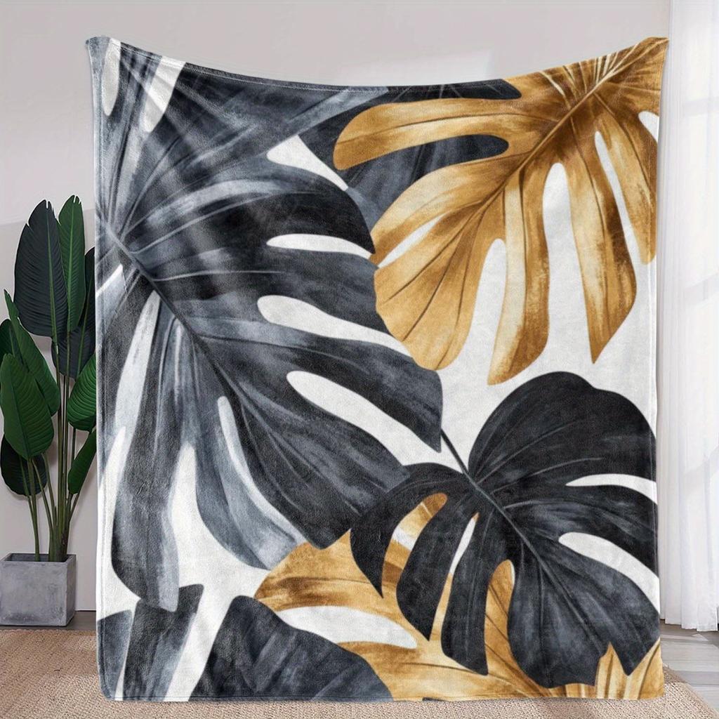 1 Stück Sdoo Flanelldecke - Retro Tropischer Monstera-Blätterdruck in Schwarz Weiß Goldgrau, Ultra-Weiche Ganzjahres-Kuscheldecke für das Sofa