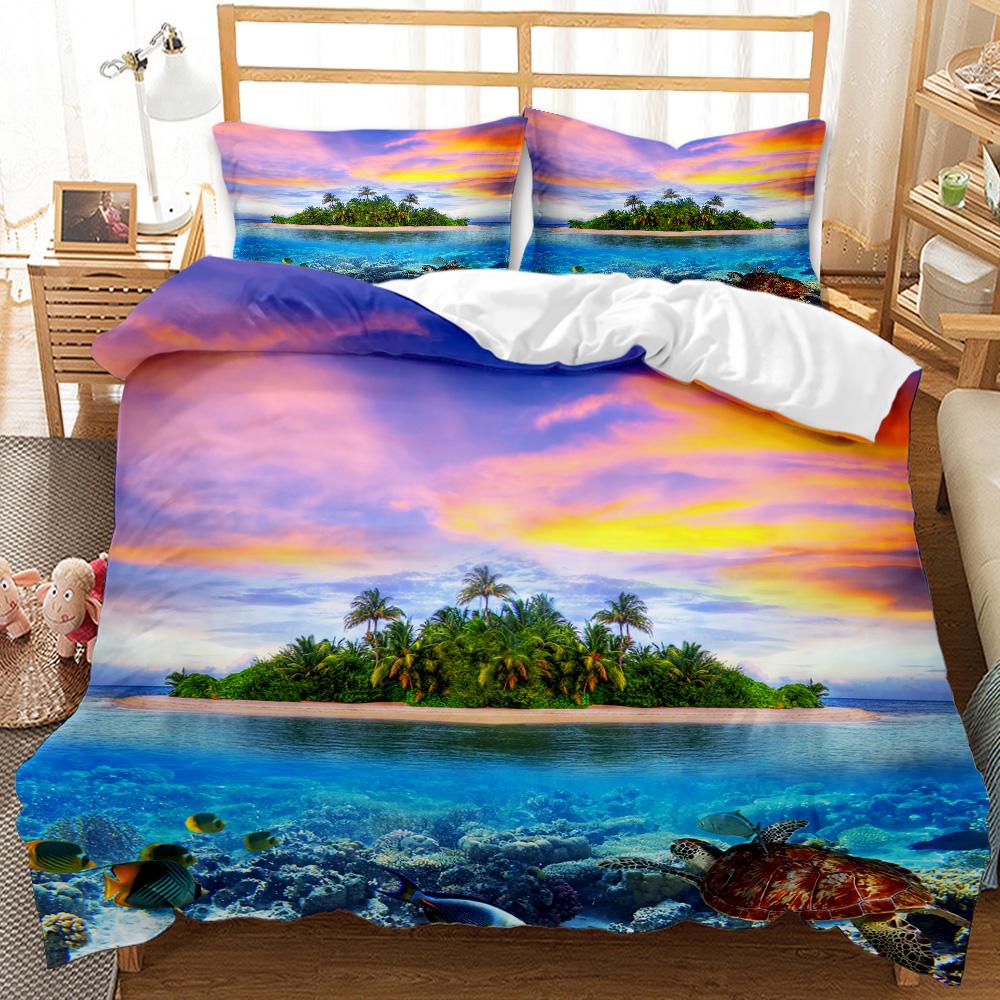 Beach Themed Bedding Set Blue Ocean Duvet Cover Set Starfish Printed Coastal Bedding Beach Queen/King/Full Size Comforter Cover