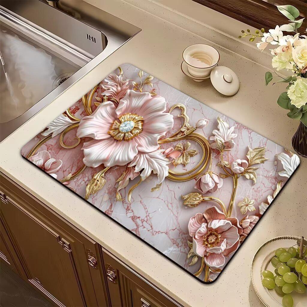 Saugfähige Matte Rosa Pflanze Blume Rose Abtropfmatte Küchengeschirr Trocknen Geschirr Rutschfester Teppich Geschirr